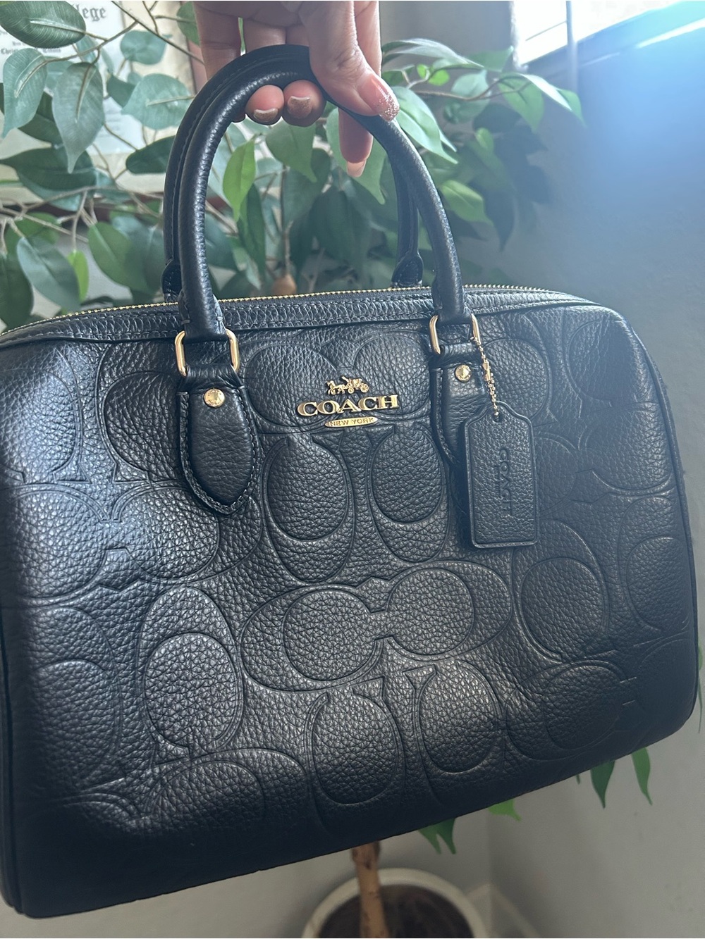 Coach Black Signature C Embossed Leather Rowan Large Satchel with Gold Hardware